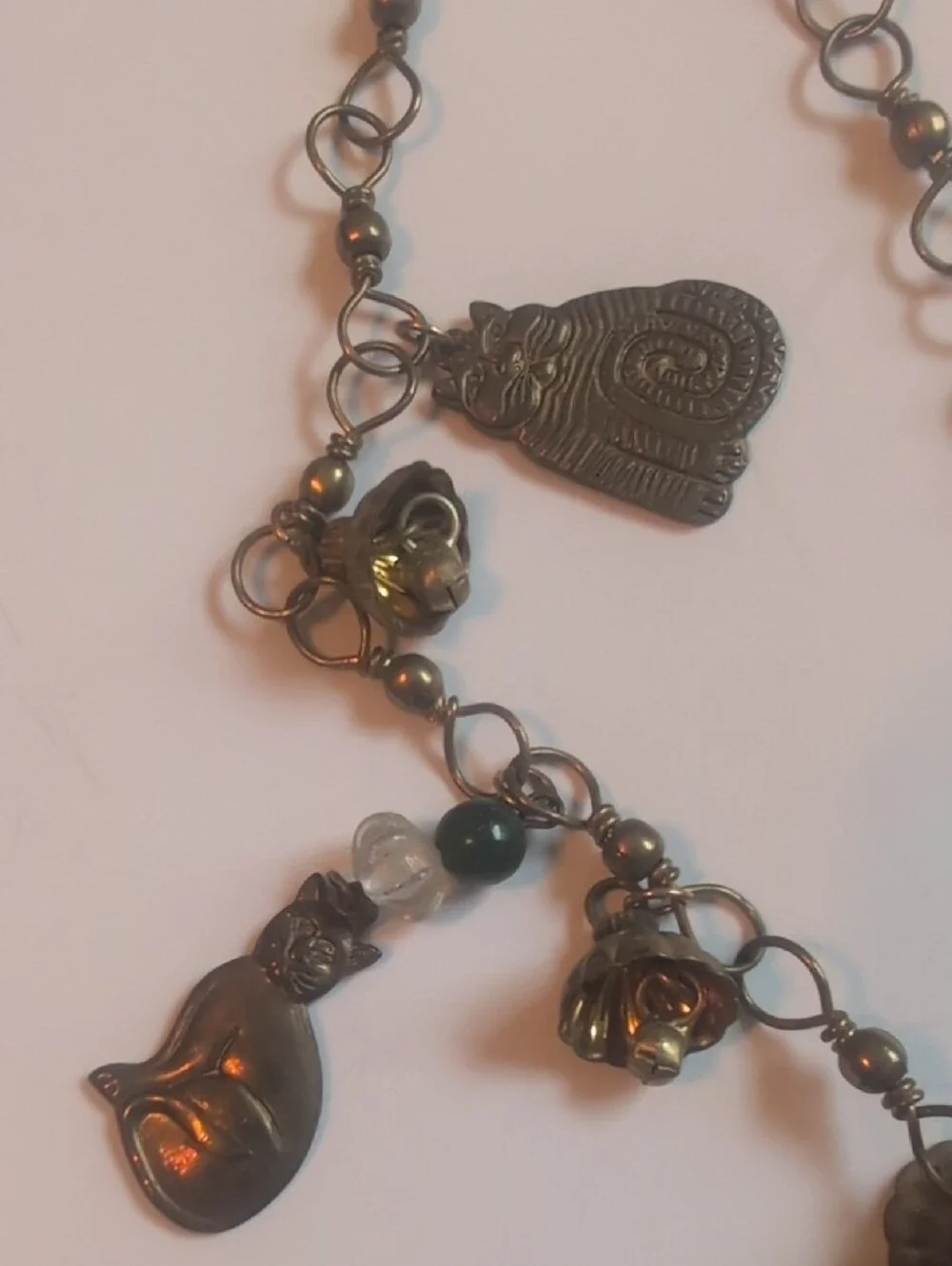 Vintage Laurel Burch Cat Charm Necklace - Antique Brass Tone